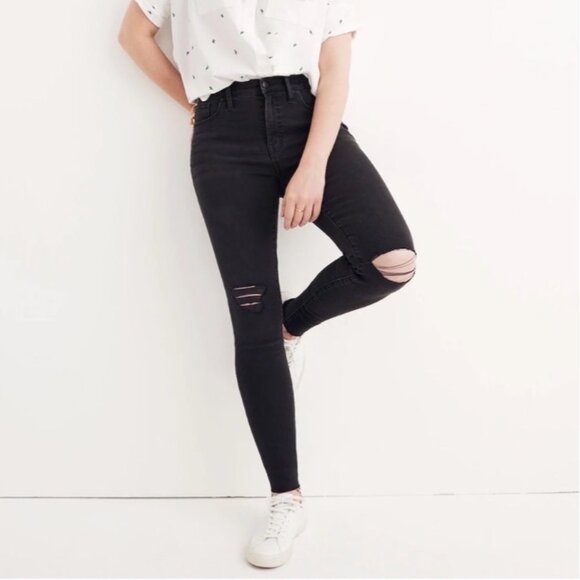 Madewell Tall 9" Mid-Rise Skinny Jeans Size 26 Black Sea Distressed 26T - Picture 1 of 12